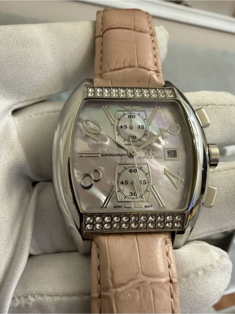 Adee Kaye Beverly Hills Sport Chronograph Pink MOP Swarovski Crystal Watch